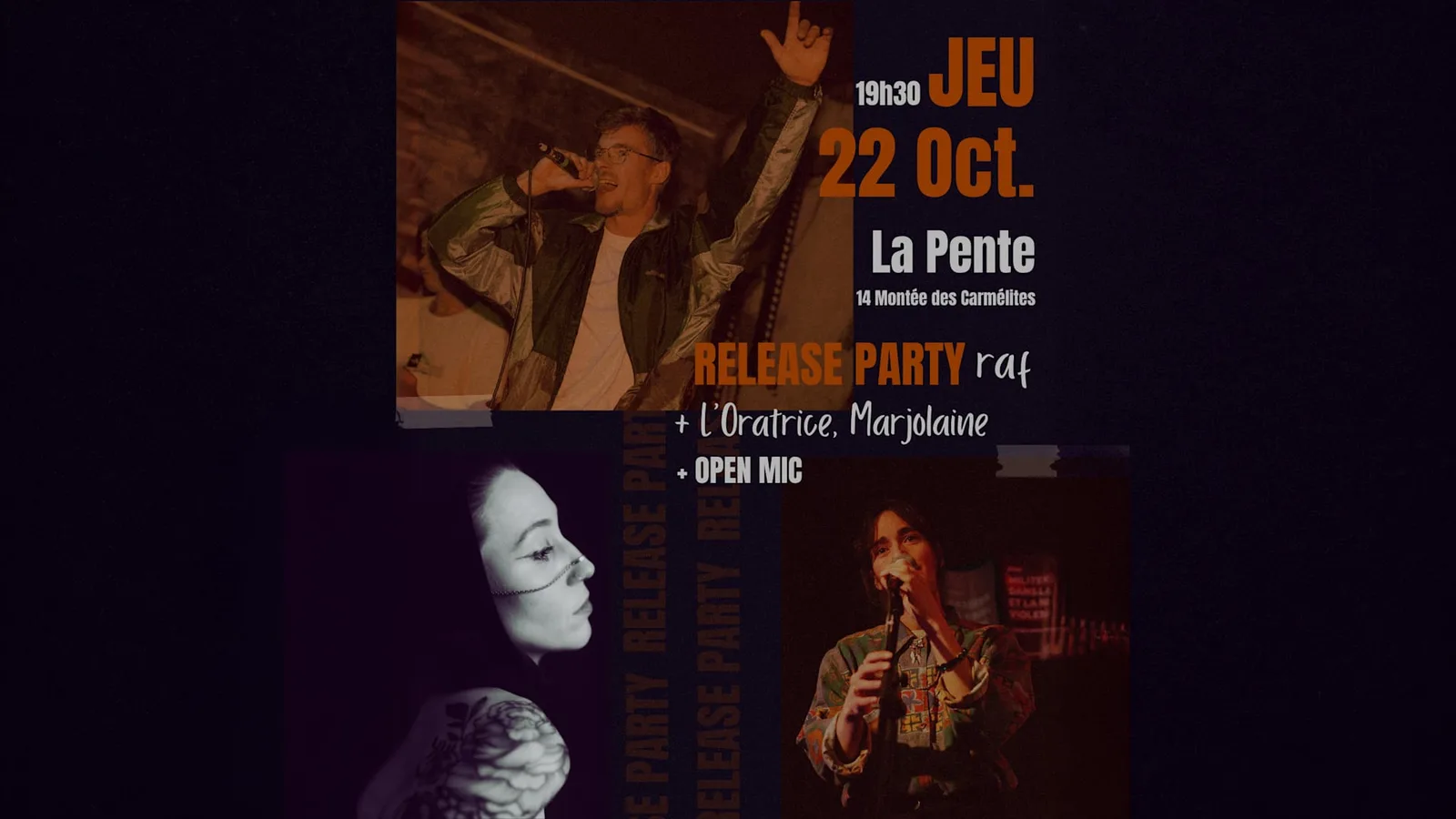Release party: RAF, L'Oratrice, Marjolaine & open mic